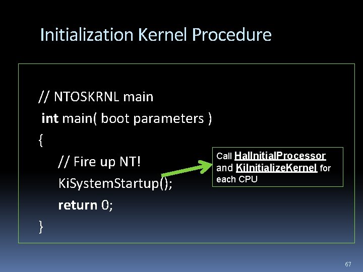 Initialization Kernel Procedure // NTOSKRNL main int main( boot parameters ) { Call Hal.