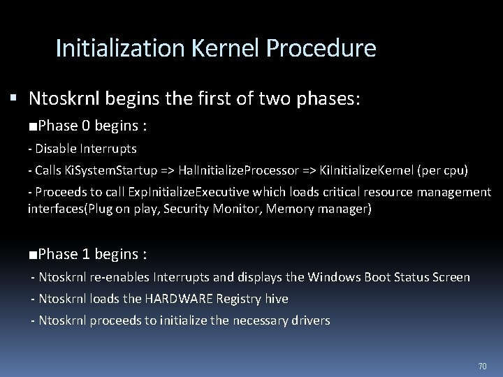 Initialization Kernel Procedure Ntoskrnl begins the first of two phases: ■Phase 0 begins :