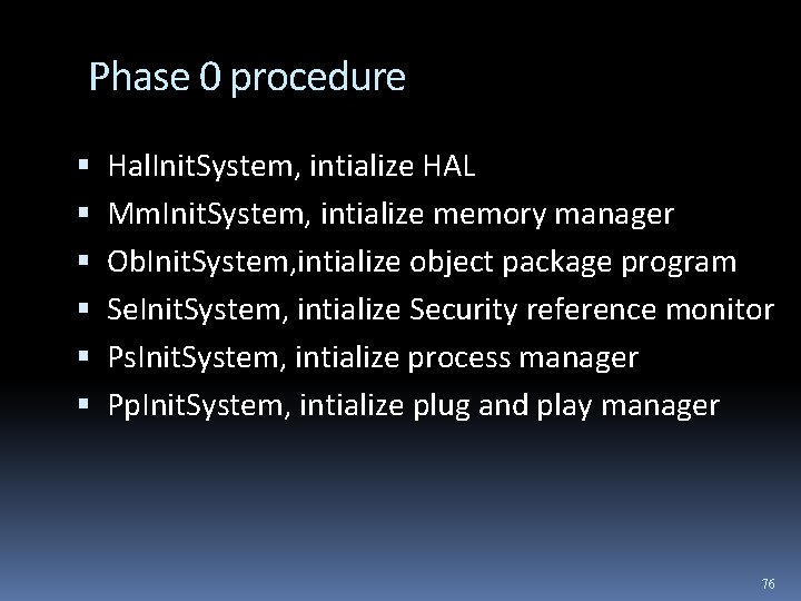 Phase 0 procedure Hal. Init. System, intialize HAL Mm. Init. System, intialize memory manager