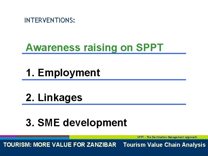 INTERVENTIONS: Awareness raising on SPPT 1. Employment 2. Linkages 3. SME development SPPT -