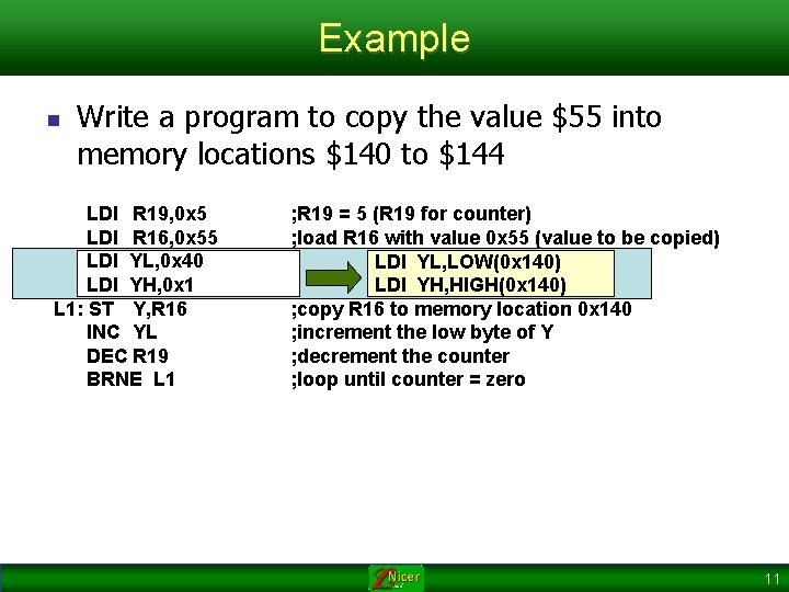 Example n Write a program to copy the value $55 into memory locations $140