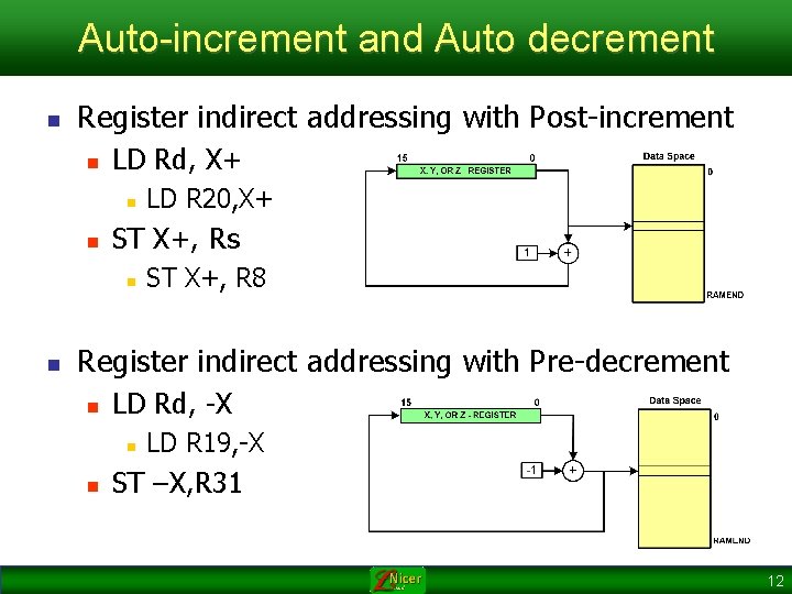 Auto-increment and Auto decrement n Register indirect addressing with Post-increment n LD Rd, X+