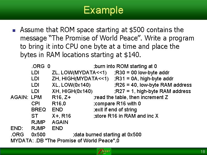 Example n Assume that ROM space starting at $500 contains the message “The Promise