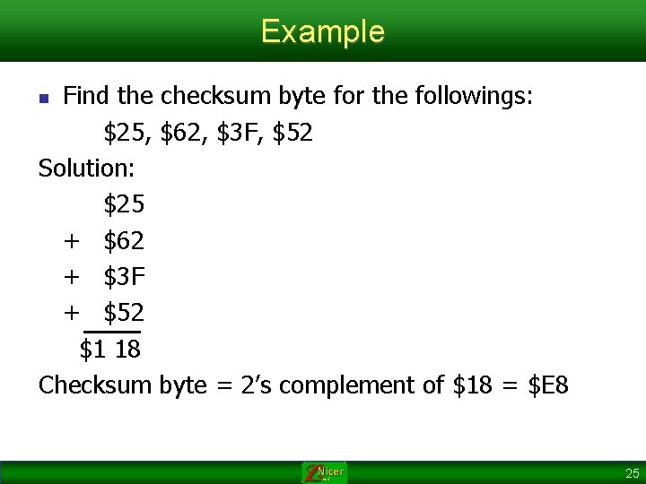 Example Find the checksum byte for the followings: $25, $62, $3 F, $52 Solution:
