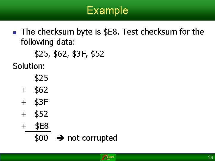 Example The checksum byte is $E 8. Test checksum for the following data: $25,