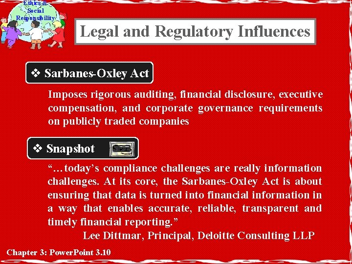 Ethics & Social Responsibility Legal and Regulatory Influences v Sarbanes-Oxley Act Imposes rigorous auditing,