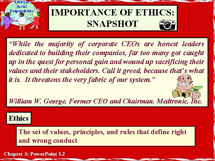 Ethics & Social Responsibility IMPORTANCE OF ETHICS: SNAPSHOT “While the majority of corporate CEOs