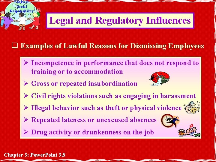 Ethics & Social Responsibility Legal and Regulatory Influences q Examples of Lawful Reasons for