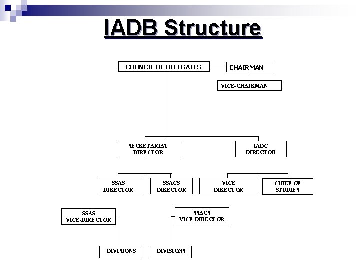 IADB Structure COUNCIL OF DELEGATES CHAIRMAN VICE-CHAIRMAN SECRETARIAT DIRECTOR SSAS VICE-DIRECTOR DIVISIONS IADC DIRECTOR