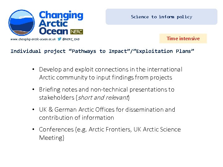 Science to inform policy www. changing-arctic-ocean. ac. uk @NERC_CAO Time intensive Individual project “Pathways