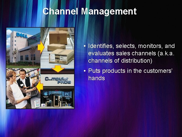Channel Management • Identifies, selects, monitors, and evaluates sales channels (a. k. a. channels