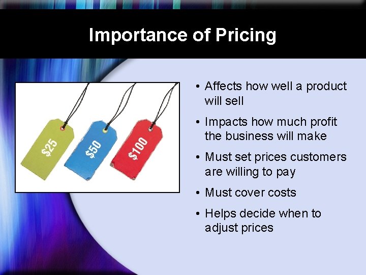 Importance of Pricing • Affects how well a product will sell • Impacts how