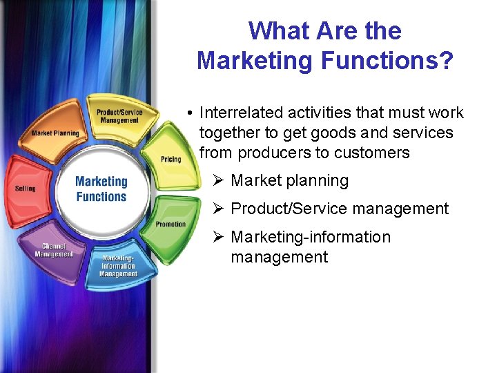 What Are the Marketing Functions? • Interrelated activities that must work together to get