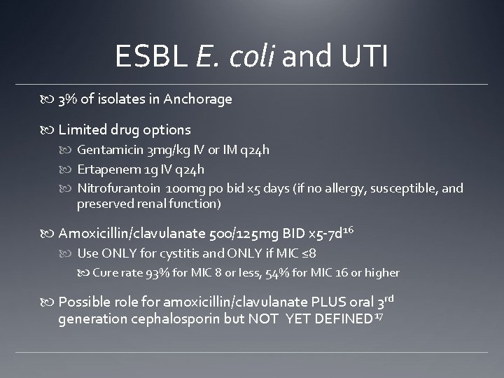 ESBL E. coli and UTI 3% of isolates in Anchorage Limited drug options Gentamicin