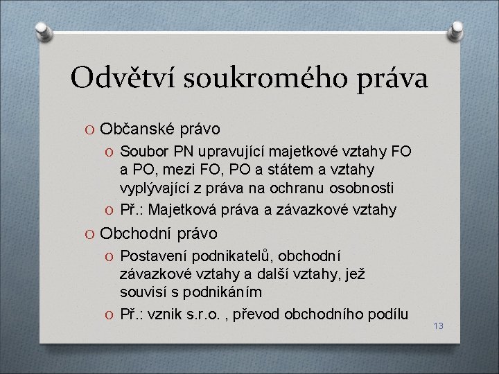 Odvětví soukromého práva O Občanské právo O Soubor PN upravující majetkové vztahy FO a