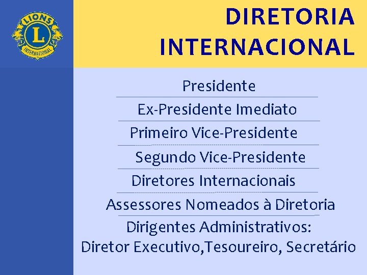 DIRETORIA INTERNACIONAL Presidente Ex-Presidente Imediato Primeiro Vice-Presidente Segundo Vice-Presidente Diretores Internacionais Assessores Nomeados à