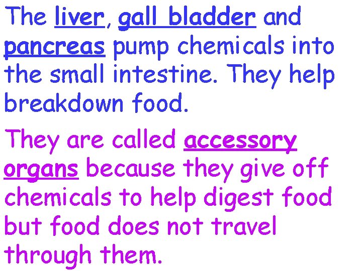 The liver, gall bladder and pancreas pump chemicals into the small intestine. They help