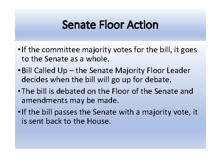 Senate Floor Action • If the committee majority votes for the bill, it goes