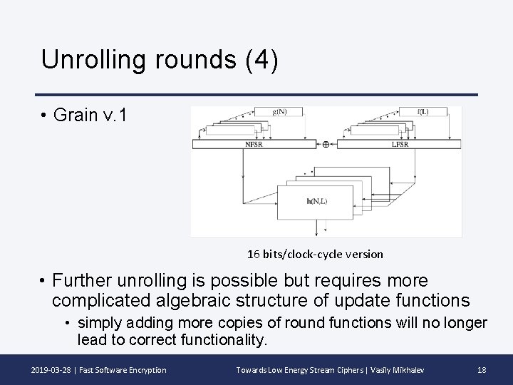 Unrolling rounds (4) • Grain v. 1 16 bits/clock-cycle version • Further unrolling is