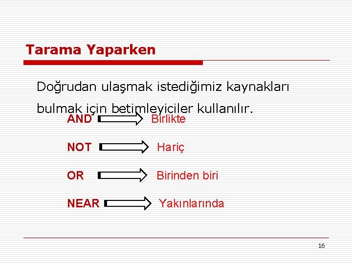 Tarama Yaparken Doğrudan ulaşmak istediğimiz kaynakları bulmak için betimleyiciler kullanılır. AND Birlikte NOT Hariç