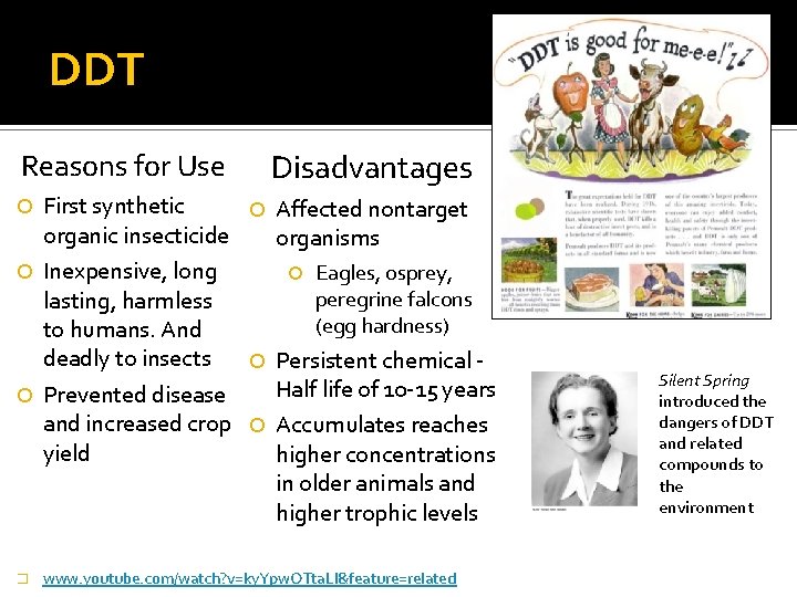 DDT Reasons for Use Disadvantages First synthetic Affected nontarget organic insecticide organisms Inexpensive, long