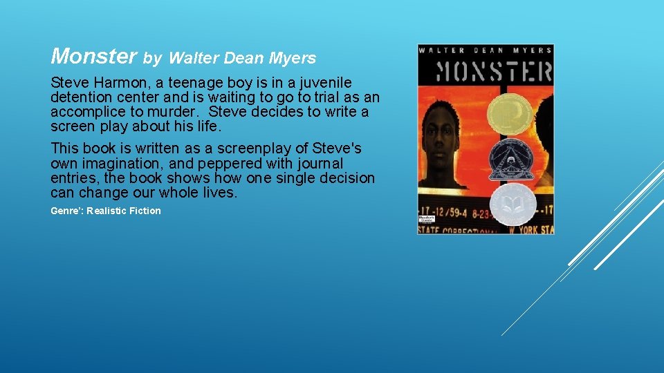 Monster by Walter Dean Myers Steve Harmon, a teenage boy is in a juvenile