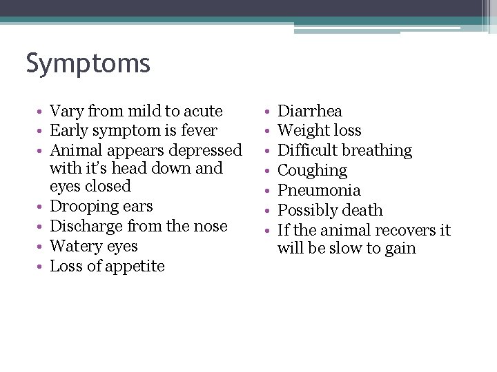 Symptoms • Vary from mild to acute • Early symptom is fever • Animal