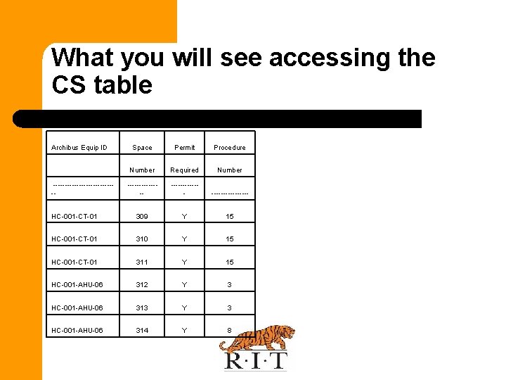 What you will see accessing the CS table Archibus Equip ID Space Permit Procedure