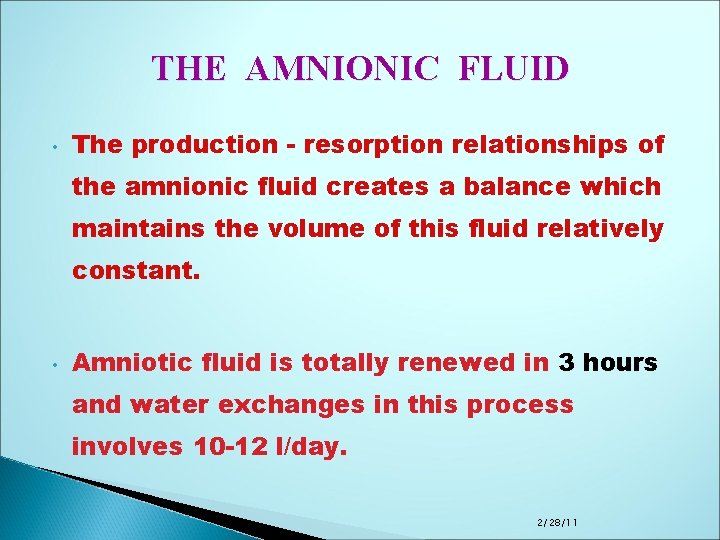 THE AMNIONIC FLUID • The production - resorption relationships of the amnionic fluid creates