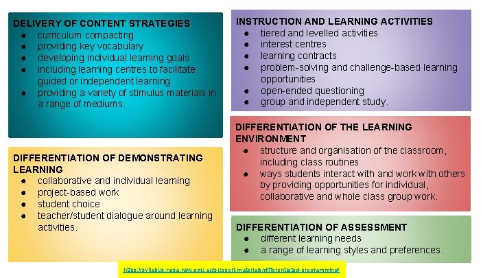 DELIVERY OF CONTENT STRATEGIES ● curriculum compacting ● providing key vocabulary ● developing individual