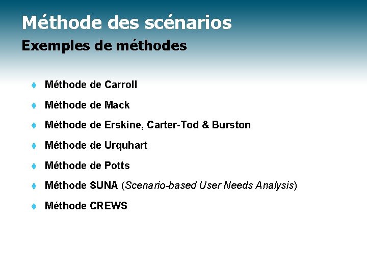 Méthode des scénarios Exemples de méthodes t Méthode de Carroll t Méthode de Mack