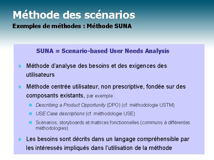 Méthode des scénarios Exemples de méthodes : Méthode SUNA = Scenario-based User Needs Analysis