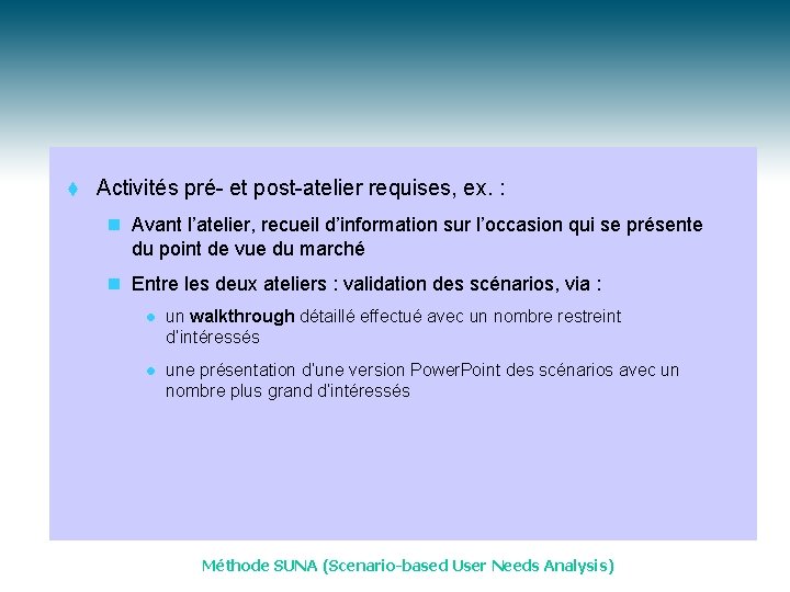 t Activités pré- et post-atelier requises, ex. : n Avant l’atelier, recueil d’information sur