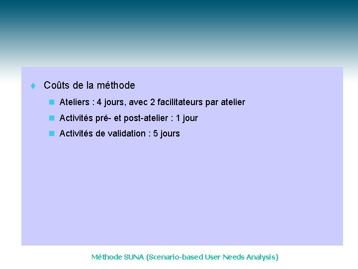 t Coûts de la méthode n Ateliers : 4 jours, avec 2 facilitateurs par