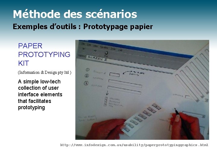 Méthode des scénarios Exemples d’outils : Prototypage papier PAPER PROTOTYPING KIT (Information & Design