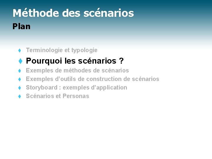 Méthode des scénarios Plan t Terminologie et typologie t Pourquoi les scénarios ? Exemples