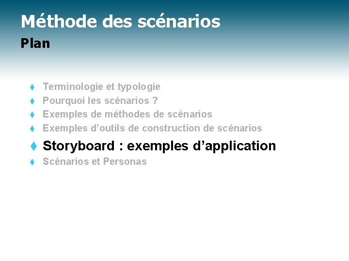 Méthode des scénarios Plan Terminologie et typologie t Pourquoi les scénarios ? t Exemples