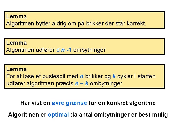 Lemma Algoritmen bytter aldrig om på brikker der står korrekt. Lemma Algoritmen udfører ≤