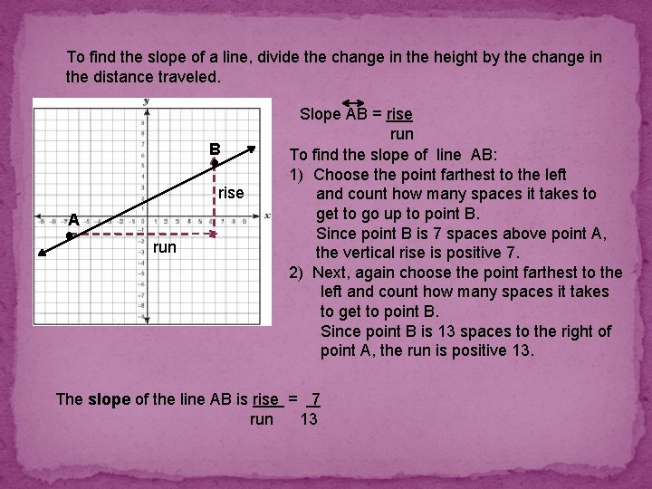 To find the slope of a line, divide the change in the height by