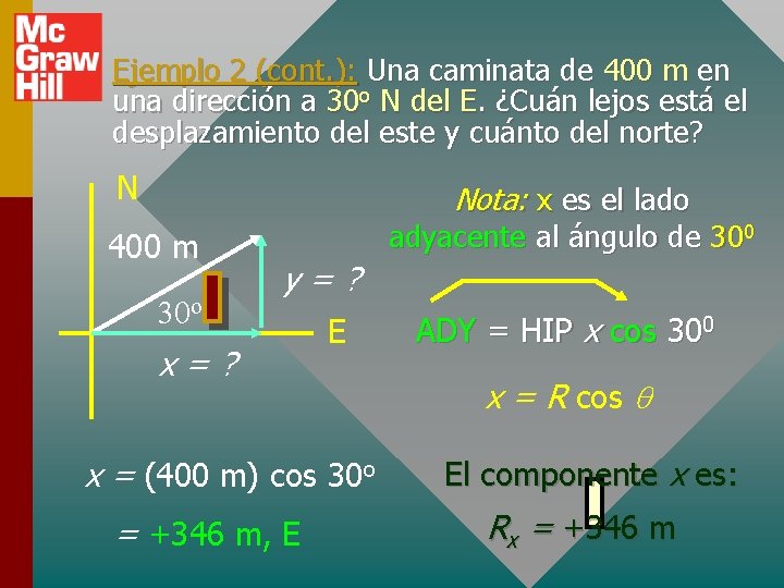 Ejemplo 2 (cont. ): Una caminata de 400 m en una dirección a 30