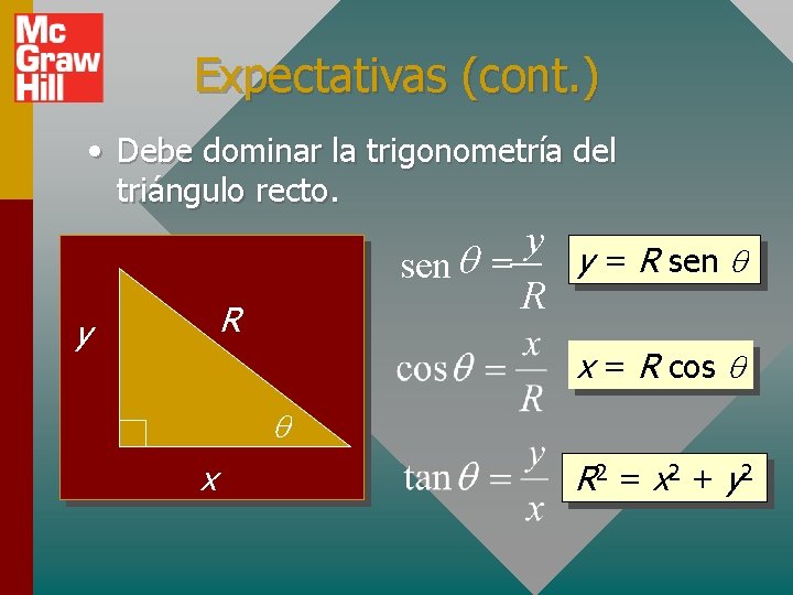 Expectativas (cont. ) • Debe dominar la trigonometría del triángulo recto. y y =