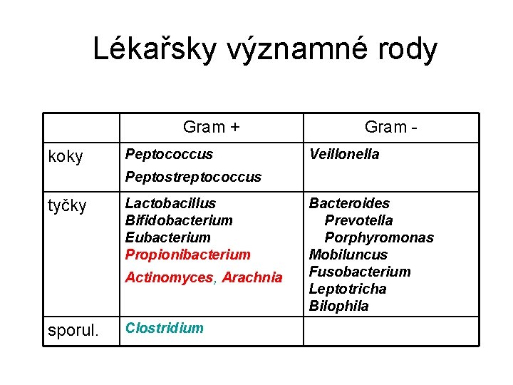 Lékařsky významné rody Gram + koky Peptococcus Gram Veillonella Peptostreptococcus tyčky Lactobacillus Bifidobacterium Eubacterium