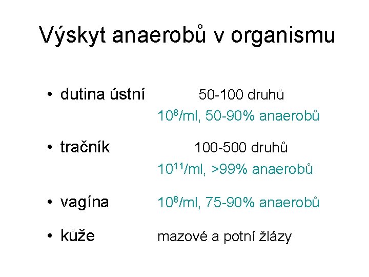 Výskyt anaerobů v organismu • dutina ústní 50 -100 druhů 108/ml, 50 -90% anaerobů