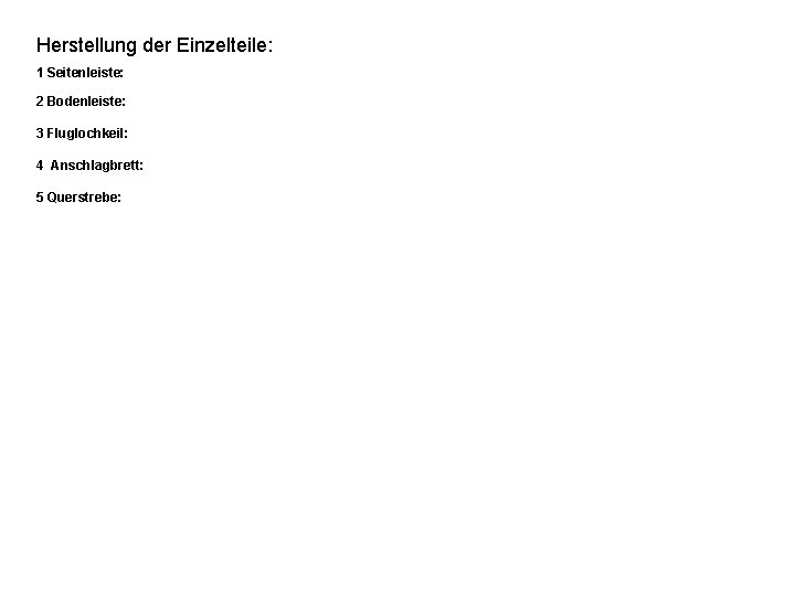 Herstellung der Einzelteile: 1 Seitenleiste: 2 Bodenleiste: 3 Fluglochkeil: 4 Anschlagbrett: 5 Querstrebe: 