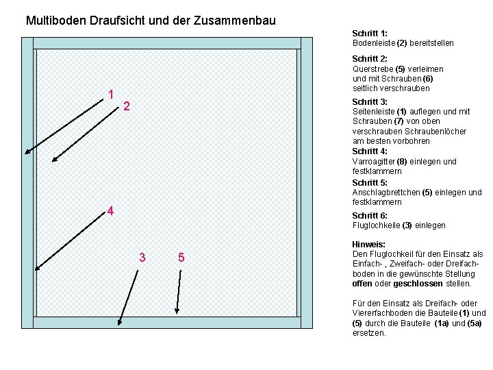 Multiboden Draufsicht und der Zusammenbau Schritt 1: Bodenleiste (2) bereitstellen 1 Schritt 2: Querstrebe