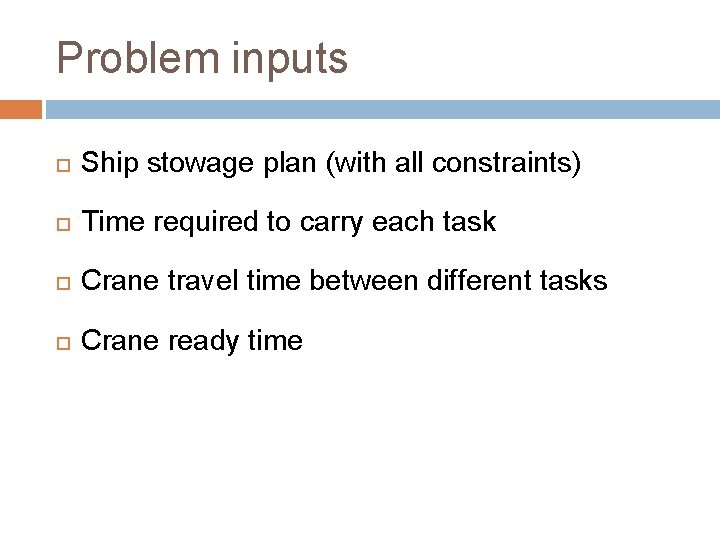 Problem inputs Ship stowage plan (with all constraints) Time required to carry each task