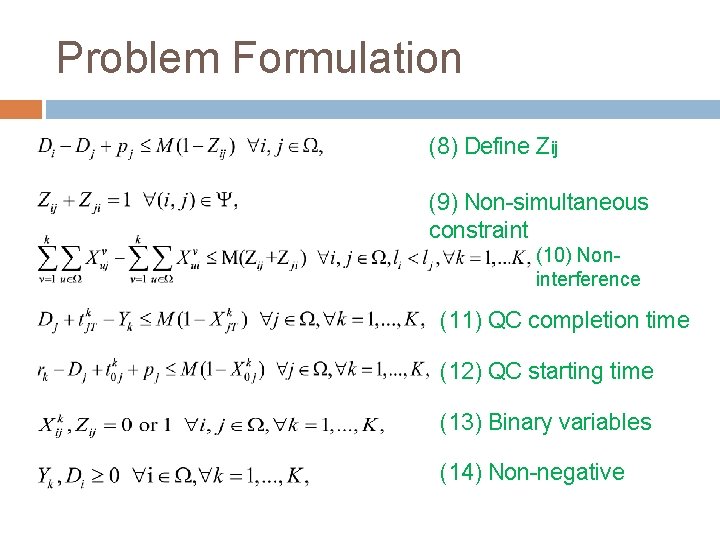 Problem Formulation (8) Define Zij (9) Non-simultaneous constraint (10) Noninterference (11) QC completion time