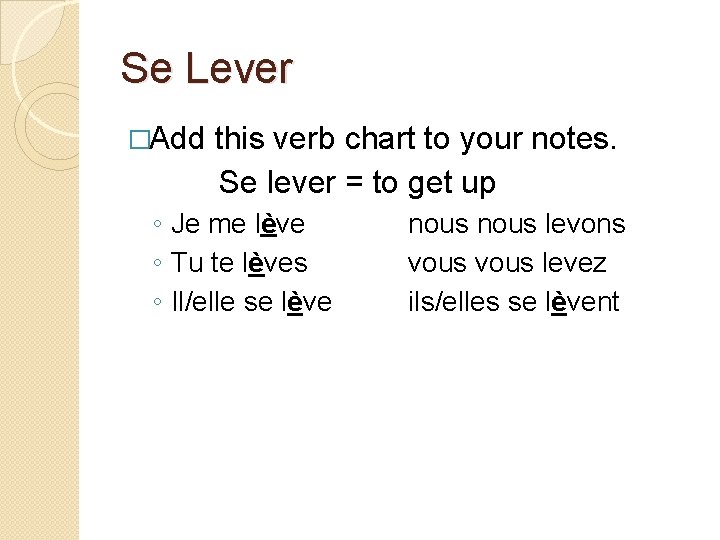 Se Lever �Add this verb chart to your notes. Se lever = to get