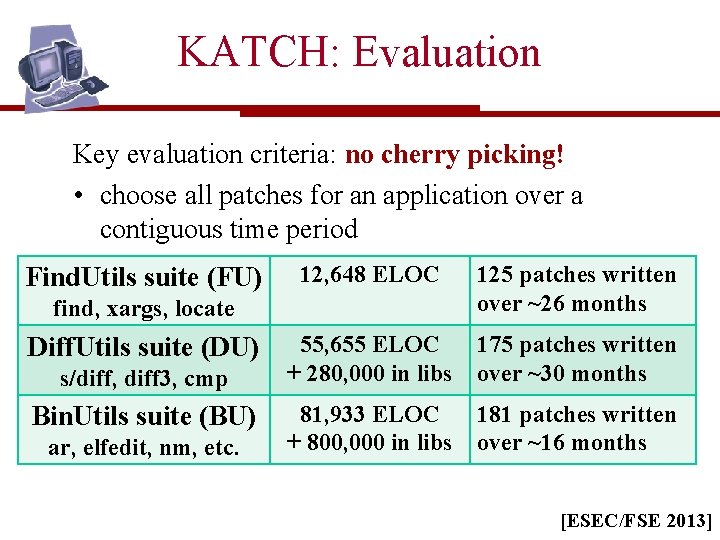 KATCH: Evaluation Key evaluation criteria: no cherry picking! • choose all patches for an