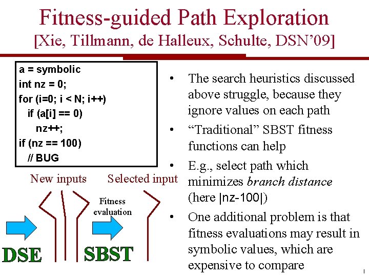 Fitness-guided Path Exploration [Xie, Tillmann, de Halleux, Schulte, DSN’ 09] a = symbolic int